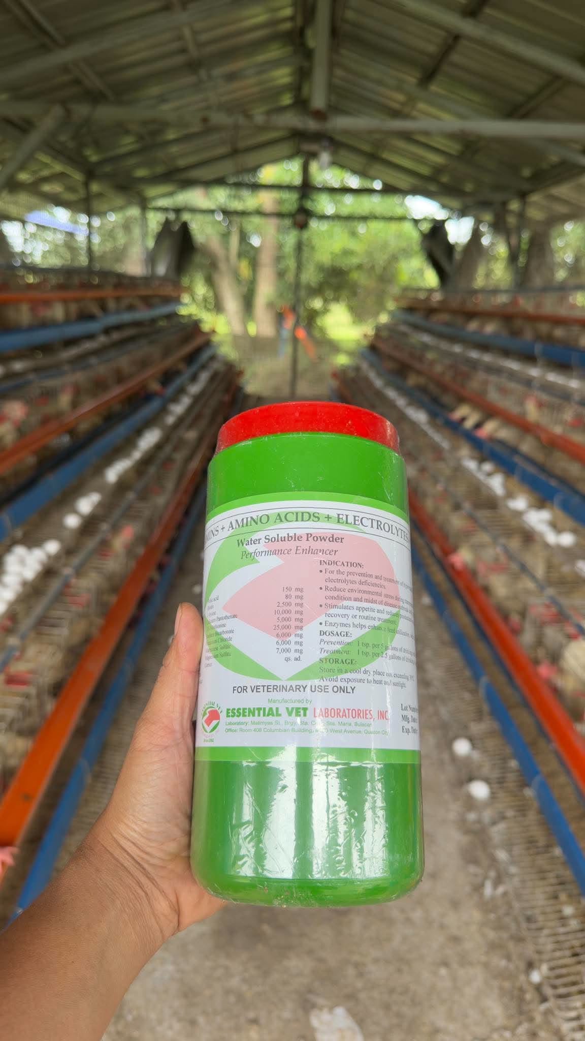 Vitamins, amino acids, and electrolytes water soluble powder for our hens, by Essential Vet Laboratories